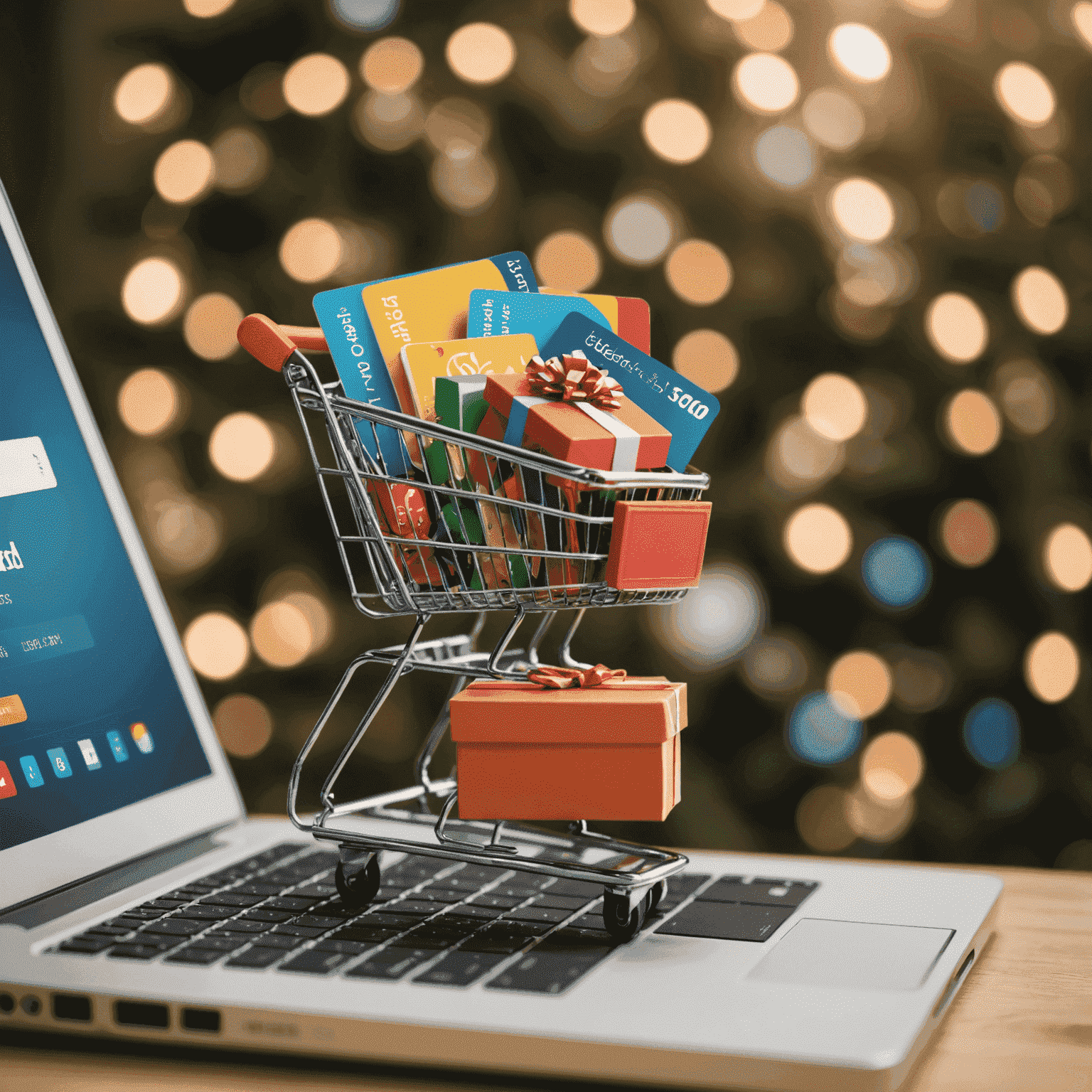 A digital gift card floating above a shopping cart filled with various online purchases, symbolizing the rise of digital gift cards in e-commerce