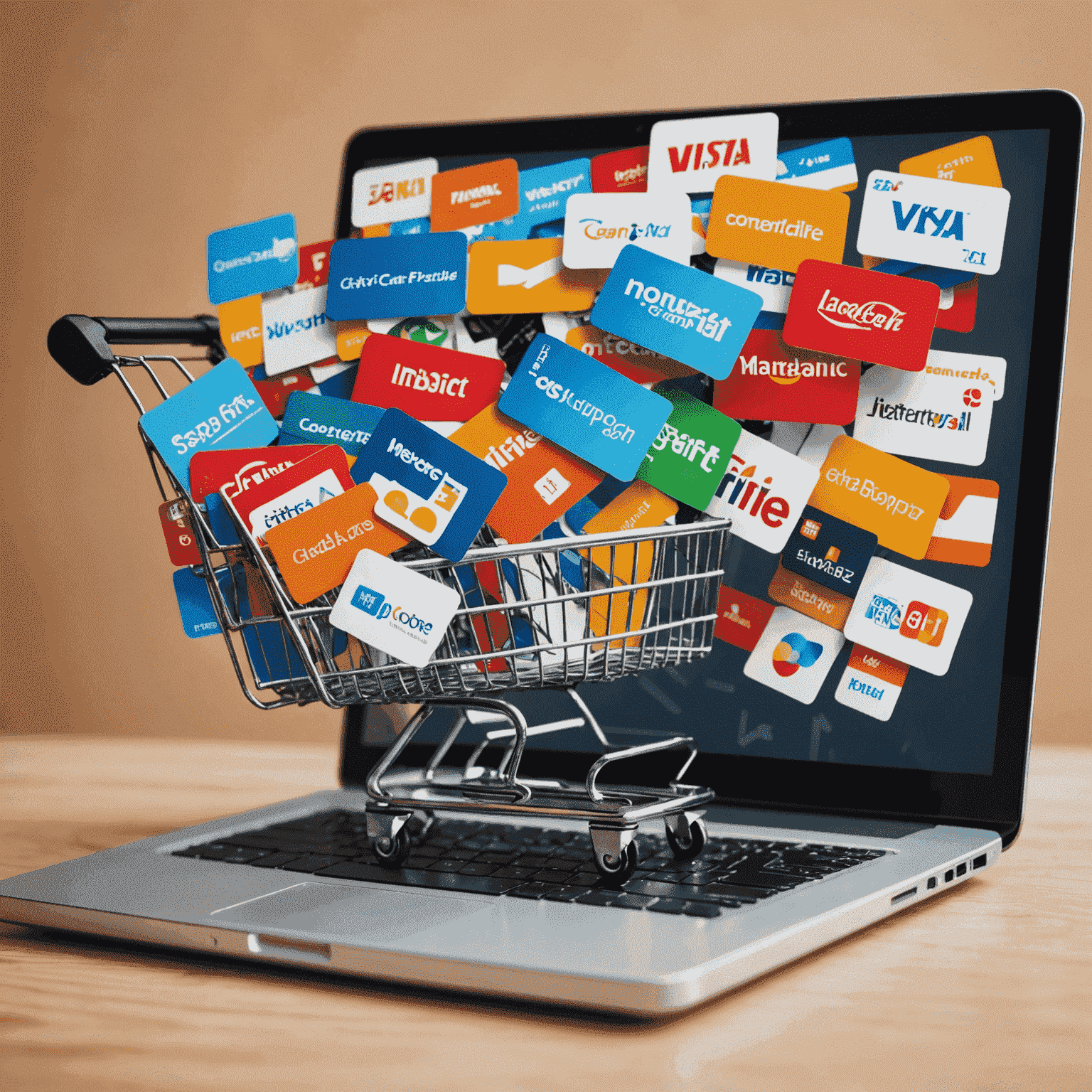 A collage of digital gift cards floating above a shopping cart on a computer screen, symbolizing the rise of digital gift cards in e-commerce