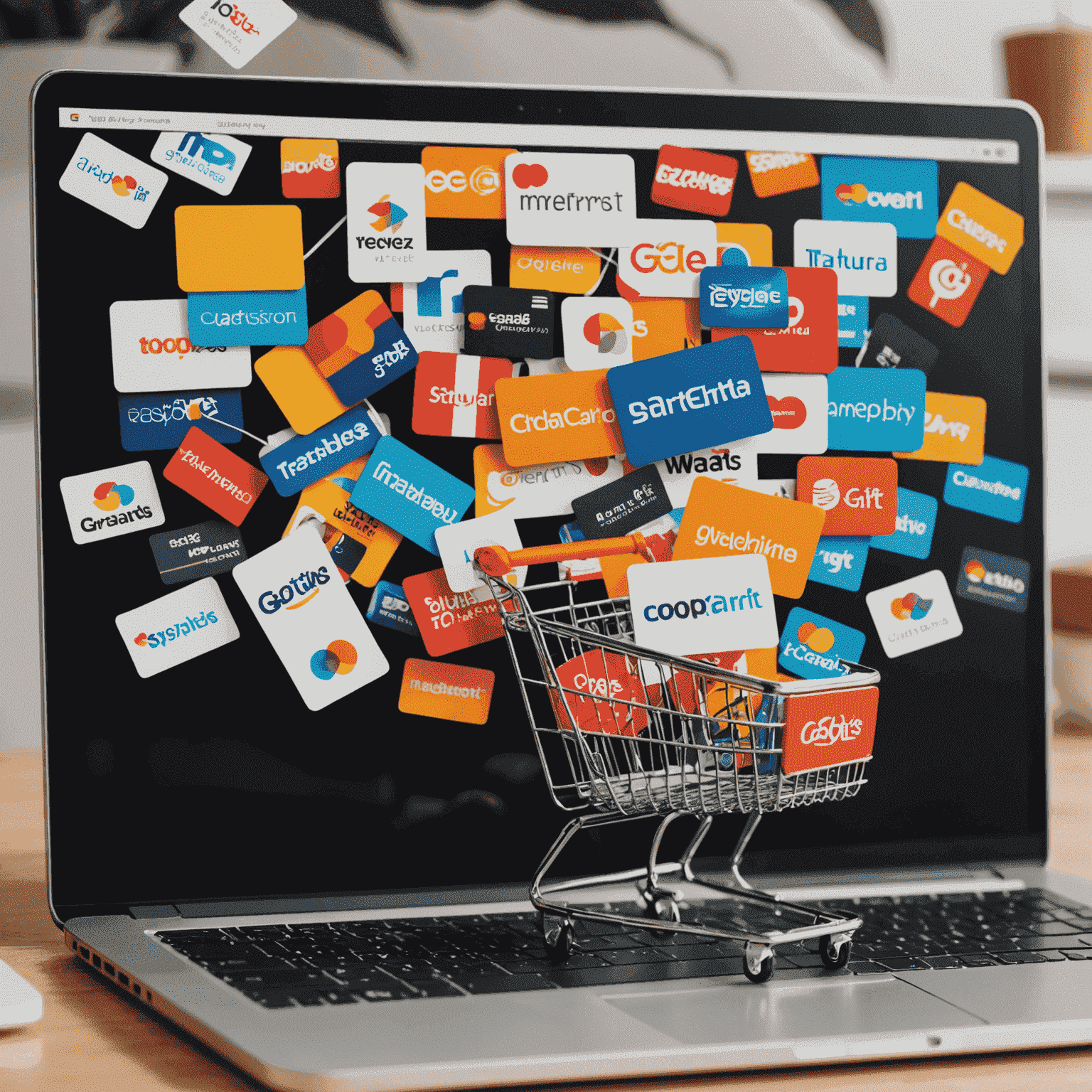 A collage showing various digital gift cards floating above a shopping cart on a laptop screen, symbolizing the rise of digital gift cards in e-commerce