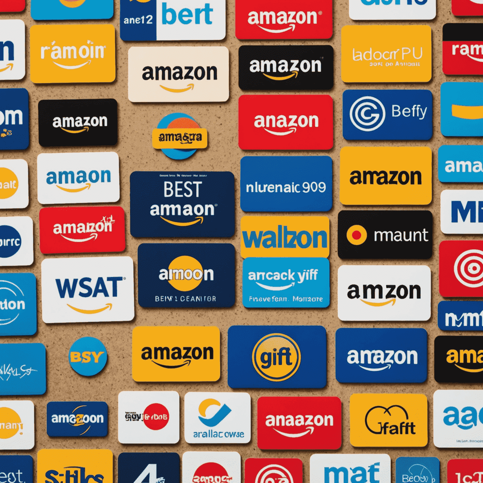Collage of popular retailer logos offering digital gift cards, including Amazon, Walmart, Target, and Best Buy