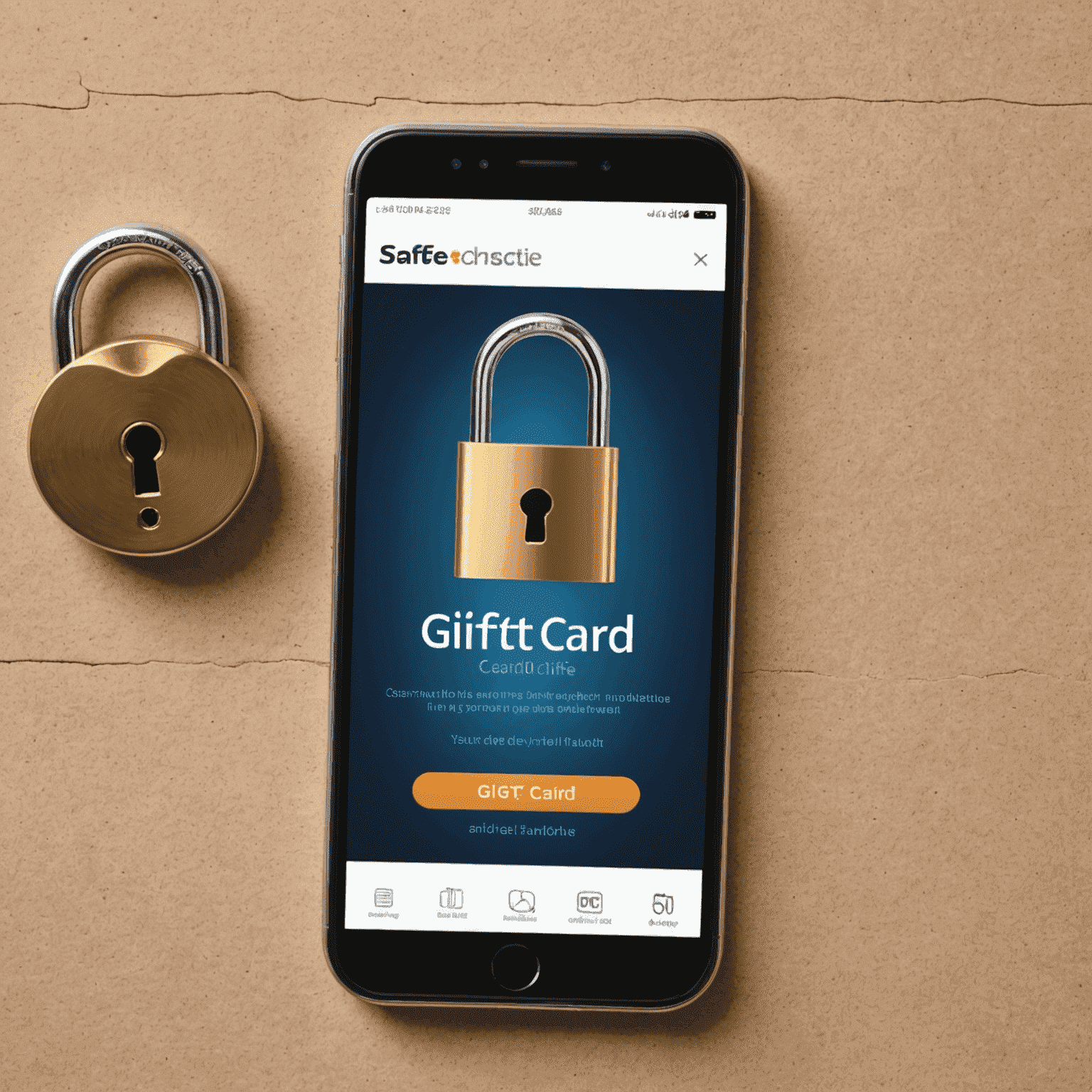 A secure smartphone displaying a digital gift card with a padlock icon, symbolizing safe online transactions