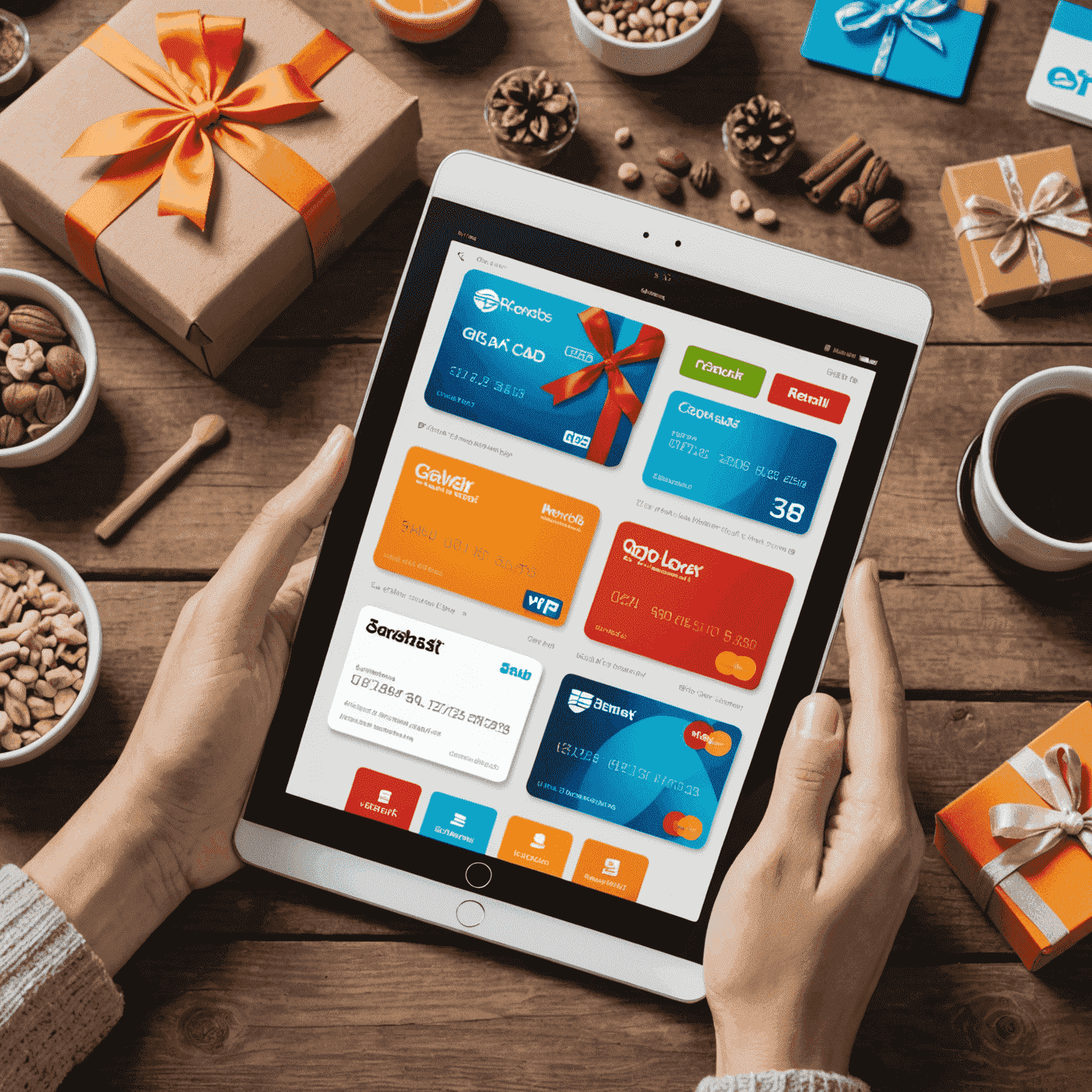 A colorful array of digital gift card options displayed on a tablet screen, showcasing the variety available for instant gift card delivery