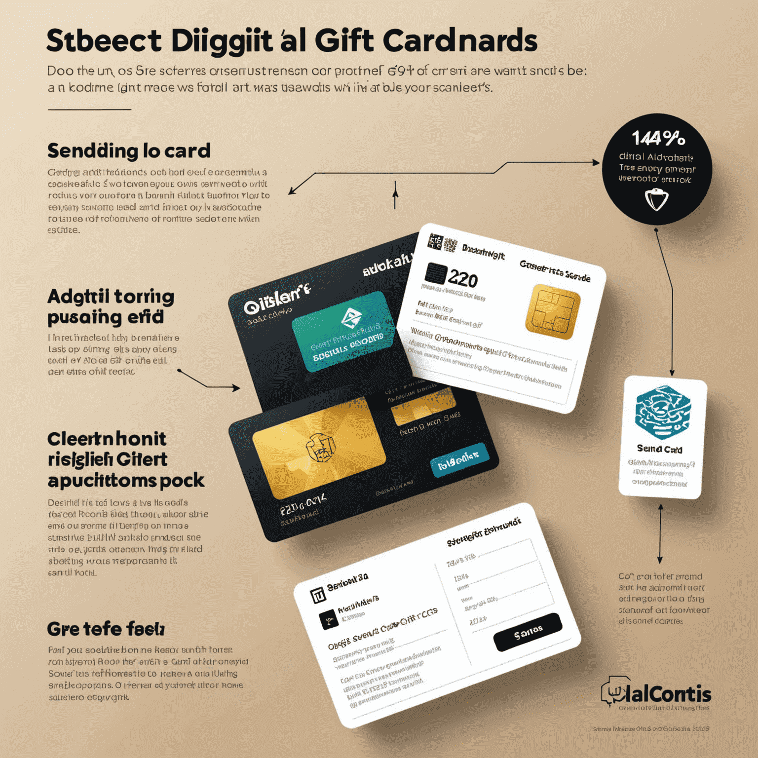 Infographic showing steps to send and redeem digital gift cards, with icons for purchasing, sending via email, and scanning at checkout