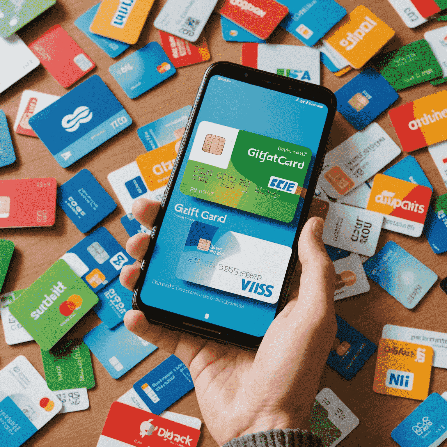 A split image comparing a digital gift card on a smartphone with a pile of plastic gift cards, emphasizing environmental impact
